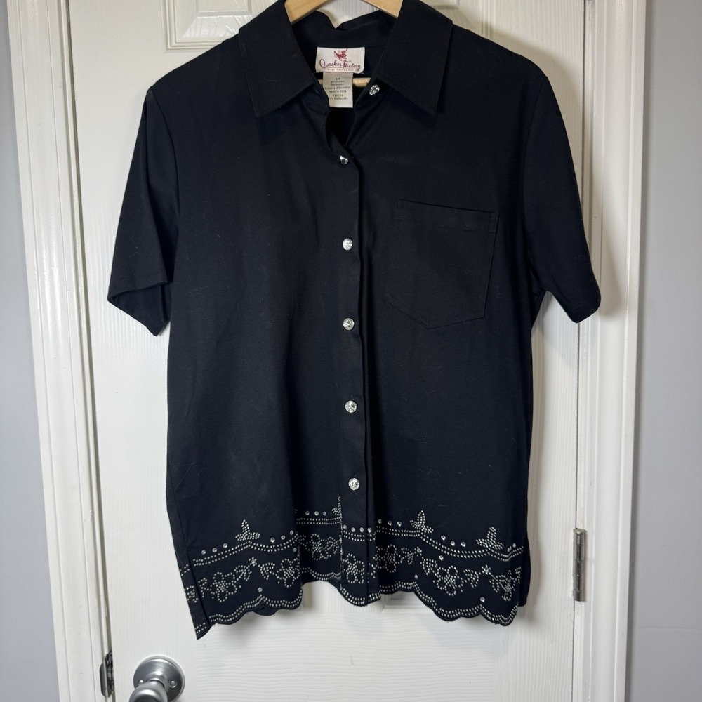 The Quacker Factory Shirt Rhinestone WOMENS SIZE M Button Short Sleeve Black‎